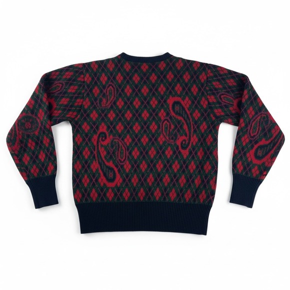 Vintage Hemingway Point Unisex Argyle Paisley Knit Sweater Navy Red Green Small - Picture 2 of 6